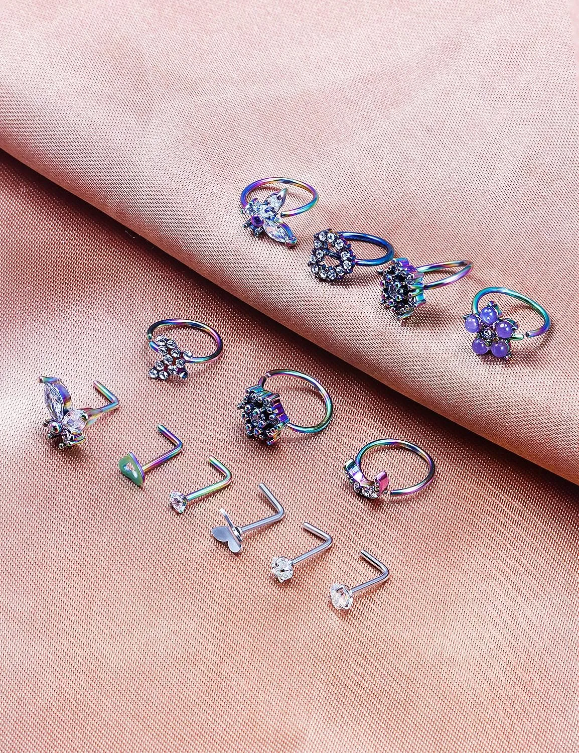 20g Nose Rings Hoops Studs Piercings Jewelry for Women Men Silver Rose Gold Rainbow Surgical Steel l Shaped Bar Hypoallergenic Butterfly Nostril