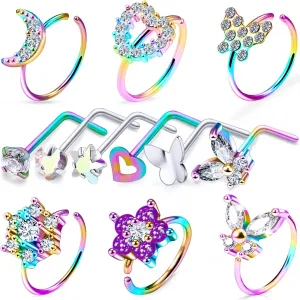 20g Nose Rings Hoops Studs Piercings Jewelry for Women Men Silver Rose Gold Rainbow Surgical Steel l Shaped Bar Hypoallergenic Butterfly Nostril