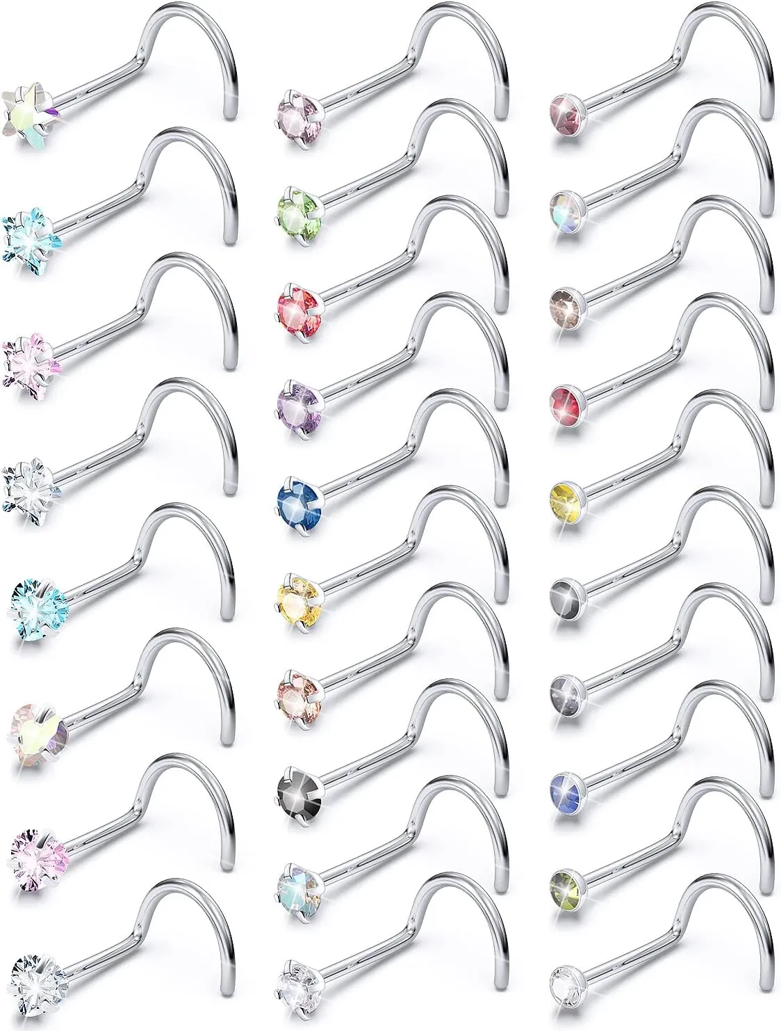 20G Nose Rings Stud Surgical Steel Nose Piercing Jewelry for Women Men Opal CZ Stars Heart Shape Nose Ring 6.5mm~7mm Bar LengthTop Balls 2mm-4mm 16Pcs Pink Blue Purple White Nose Ring