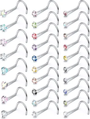 20G Nose Rings Stud Surgical Steel Nose Piercing Jewelry for Women Men Opal CZ Stars Heart Shape Nose Ring 6.5mm~7mm Bar LengthTop Balls 2mm-4mm 16Pcs Pink Blue Purple White Nose Ring