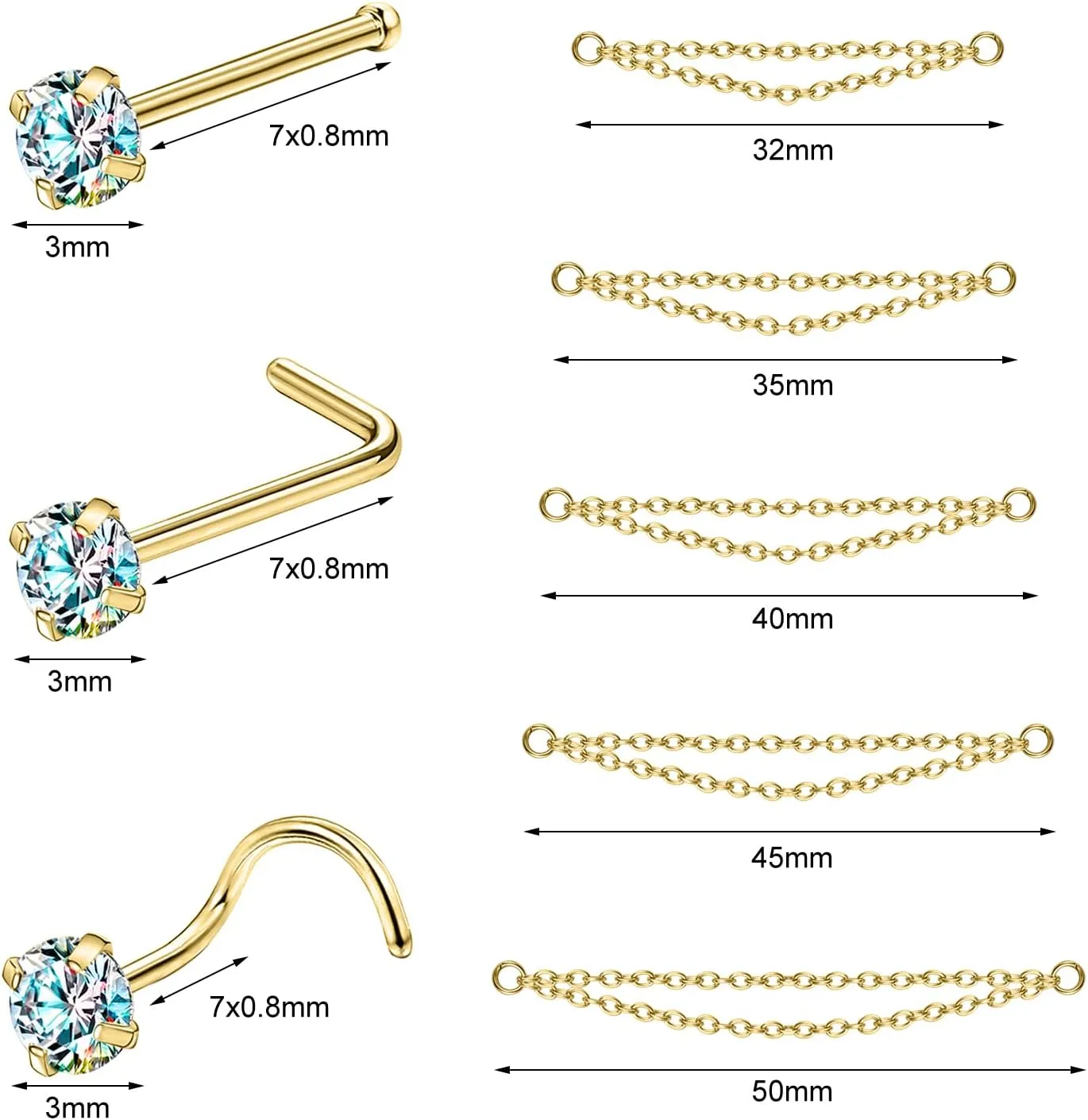 20G Nose Rings Studs with Chain Piercing Across Double Nose Stud Nose Hoop Spike Heart Ball CZ Surgical Steel Nostril Piercing Jewelry for Women Men, Black Silver Gold