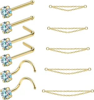 20G Nose Rings Studs with Chain Piercing Across Double Nose Stud Nose Hoop Spike Heart Ball CZ Surgical Steel Nostril Piercing Jewelry for Women Men, Black Silver Gold