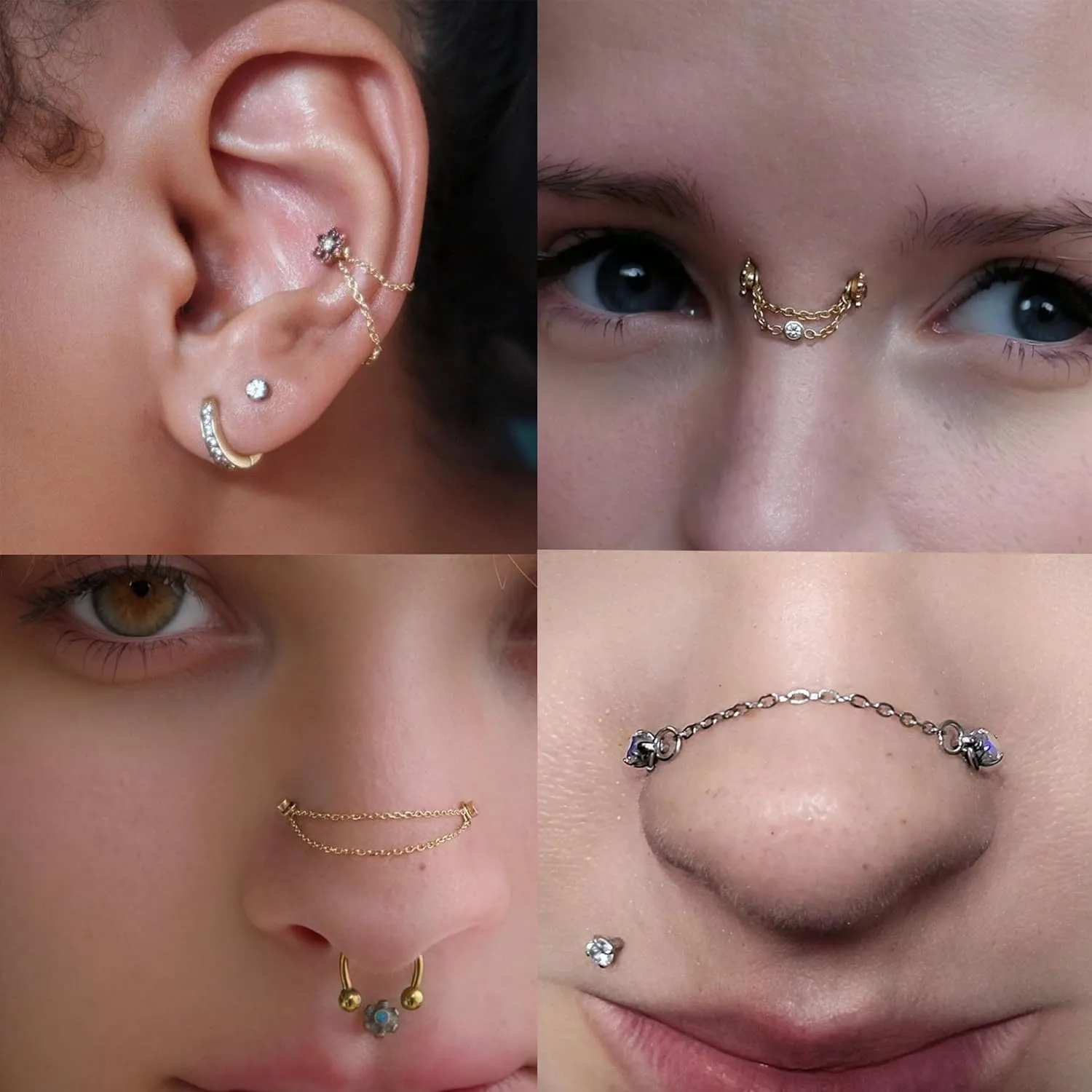 20G Nose Rings Studs with Chain Piercing Across Double Nose Stud Nose Hoop Spike Heart Ball CZ Surgical Steel Nostril Piercing Jewelry for Women Men, Black Silver Gold