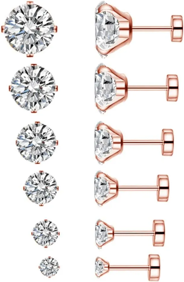 20g Rose Gold Plated Stainless Steel CZ Helix Studs Earrings for Women Men Cartilage Ear Piercings Tragus Flat Screw Backs 2mm 3mm 4mm 5mm 6mm 7mm Set