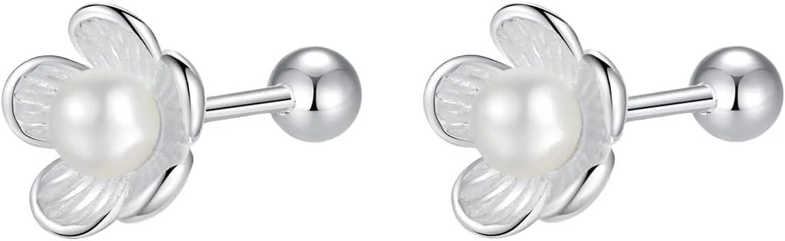 20G Tiny Cute Pearl Flower Earrings for Women 925 Sterling Silver Small Ball Screw Back Stud Cartilage Tragus Post Minimalist Shell Pearls Dainty Floral Christmas Jewelry for Mother Sister