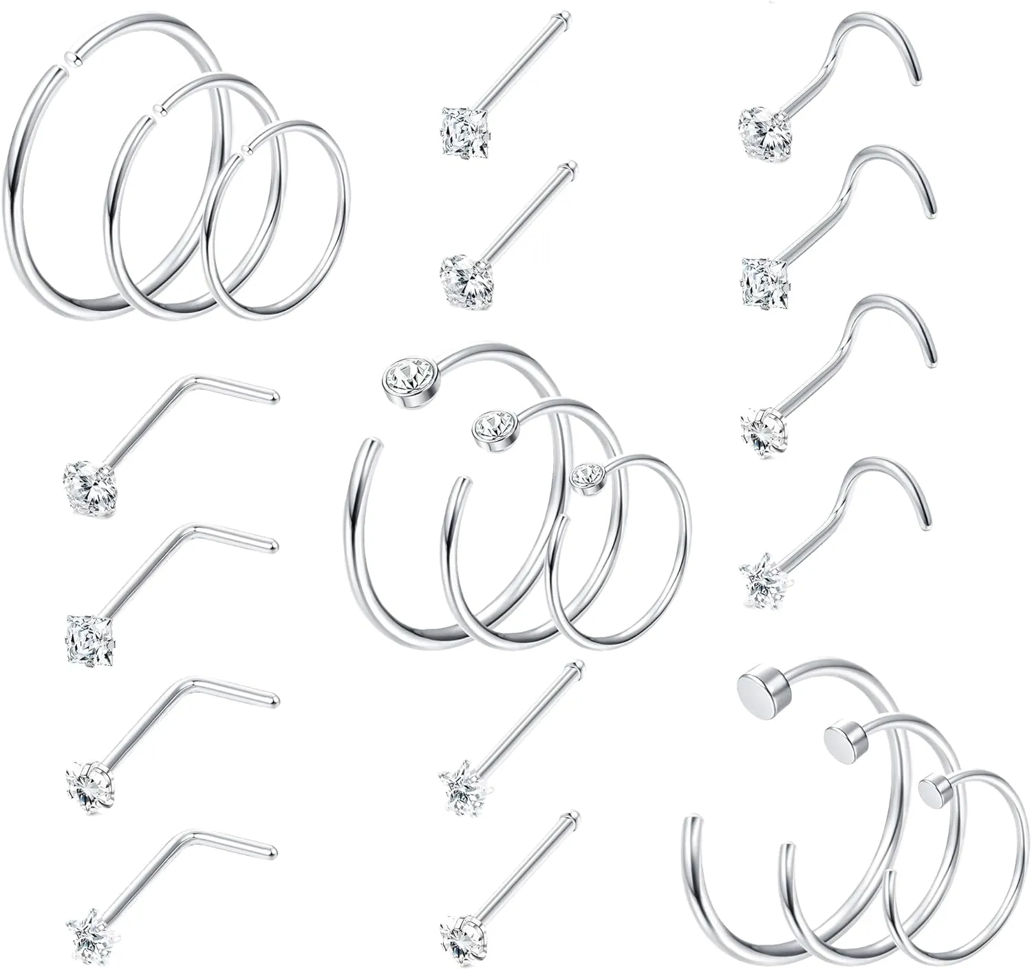 21Pcs 20G Nose Rings Hoops 316L Stainless Steel Nose Rings for Women Assorted Shapes CZ Nose Studs Cubic Zirconia Nose Rings Studs Bone L Nose Ring Set Corkscrew Nose Rings Nose Piercing Jewelry
