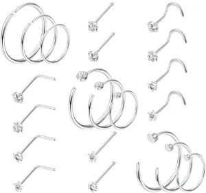 21Pcs 20G Nose Rings Hoops 316L Stainless Steel Nose Rings for Women Assorted Shapes CZ Nose Studs Cubic Zirconia Nose Rings Studs Bone L Nose Ring Set Corkscrew Nose Rings Nose Piercing Jewelry