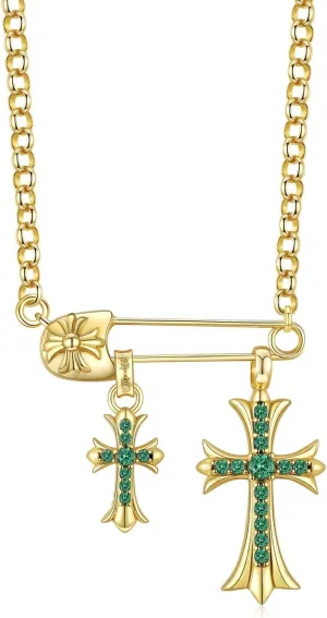 22K Gold Plated Green Stone Double Cross Necklace  Chrome Hearts Style Unisex Pendant, Trendy Hip Hop Jewelry Gift for Men & Women