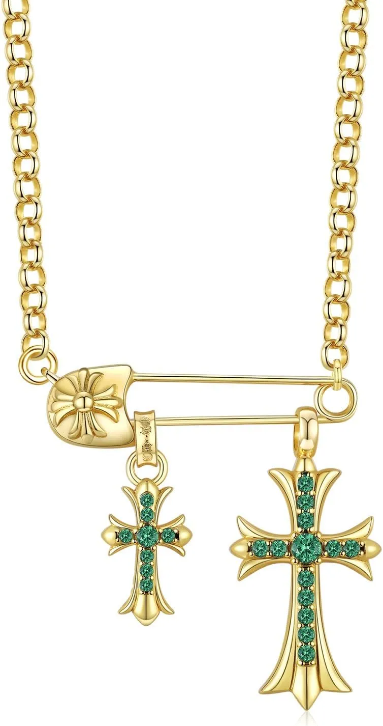22K Gold Plated Green Stone Double Cross Necklace  Chrome Hearts Style Unisex Pendant, Trendy Hip Hop Jewelry Gift for Men & Women