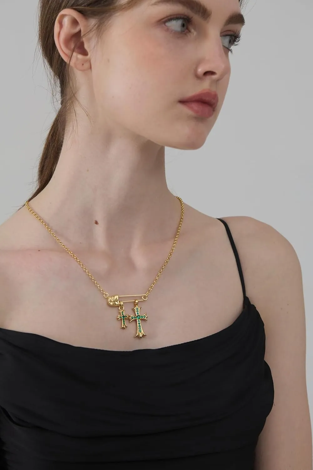 22K Gold Plated Green Stone Double Cross Necklace  Chrome Hearts Style Unisex Pendant, Trendy Hip Hop Jewelry Gift for Men & Women