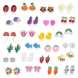 24 Pairs Cute Hypoallergenic Stud Earrings for Women Strawberry Cherry Butterfly Flower Rainbow Frog Stud Earrings Set Jewelry for Women