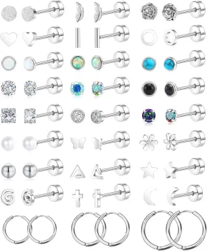 27Pairs Small Flat Back Stud Earrings for Women Surgical Steel 20G Hypoallergenic Earrings Screw Back Hoop Earrings for Sensitive Ears