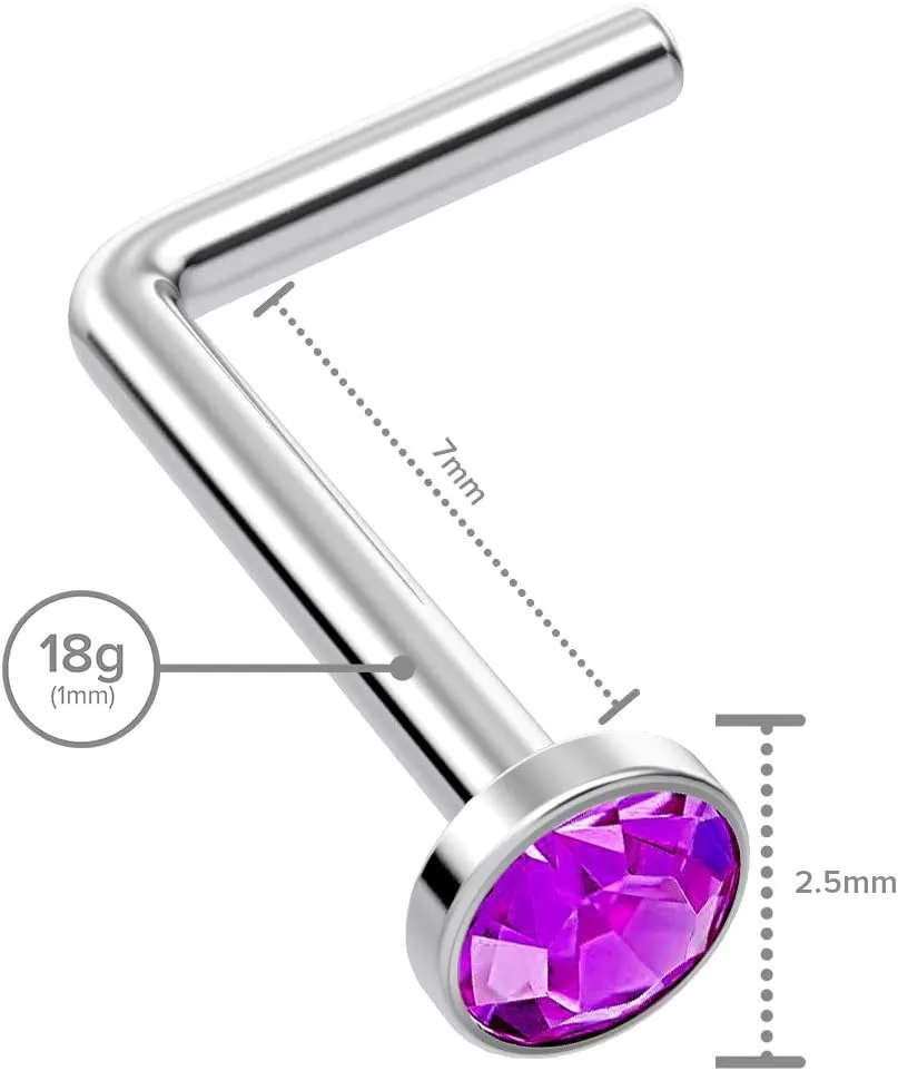 2pc L Shaped Nose Ring 18g 1mm 7mm Flesh Nostril Screw Nose Ring Crystal Hypoallergenic 316LVM Surgical Steel Stud Piercing Jewelry