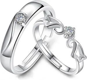 2pcs Promise Rings for Couples, 925 Sterling Silver Plated White CZ Rhinestone Halo Diamond Cut Adjustable Matching Rings for Couples