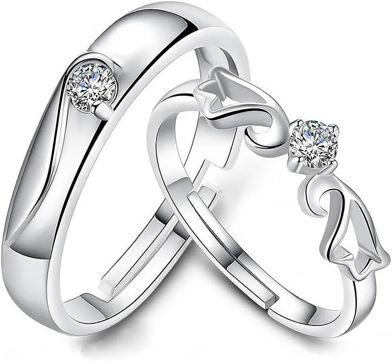 2pcs Promise Rings for Couples, 925 Sterling Silver Plated White CZ Rhinestone Halo Diamond Cut Adjustable Matching Rings for Couples