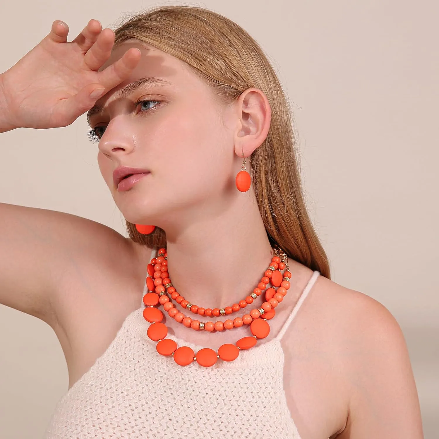 3 Multi-Strand Beads Necklace and Earrings Set, Chunky Jewelry Set Statement Beaded Necklace for Women