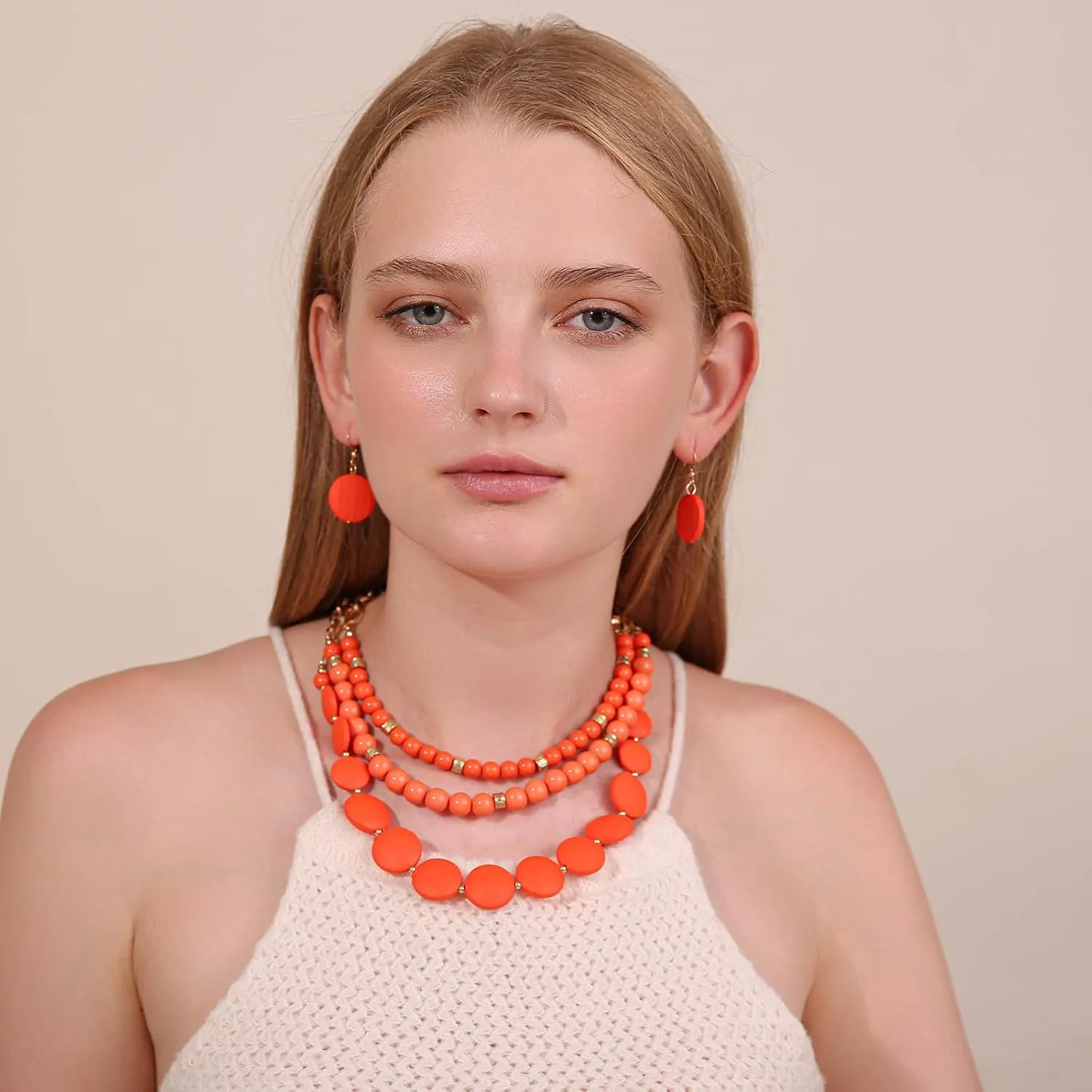 3 Multi-Strand Beads Necklace and Earrings Set, Chunky Jewelry Set Statement Beaded Necklace for Women