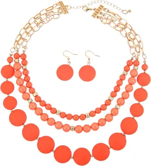 3 Multi-Strand Beads Necklace and Earrings Set, Chunky Jewelry Set Statement Beaded Necklace for Women
