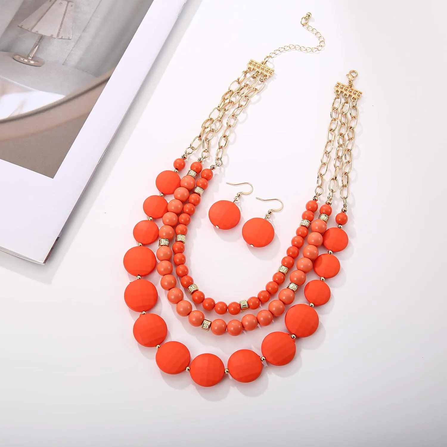 3 Multi-Strand Beads Necklace and Earrings Set, Chunky Jewelry Set Statement Beaded Necklace for Women