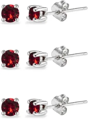 3-Pair Set Sterling Silver 3mm Round Colored European Crystals Stud Earrings Set for Women Men