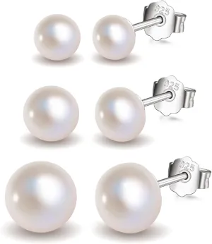 3 Pairs 925 Sterling Silver Pearl Earrings Studs Set Hypoallergenic Composite Button Pearl Stud Earrings Lightweight Earrings Studs for Women 8/10/12mm