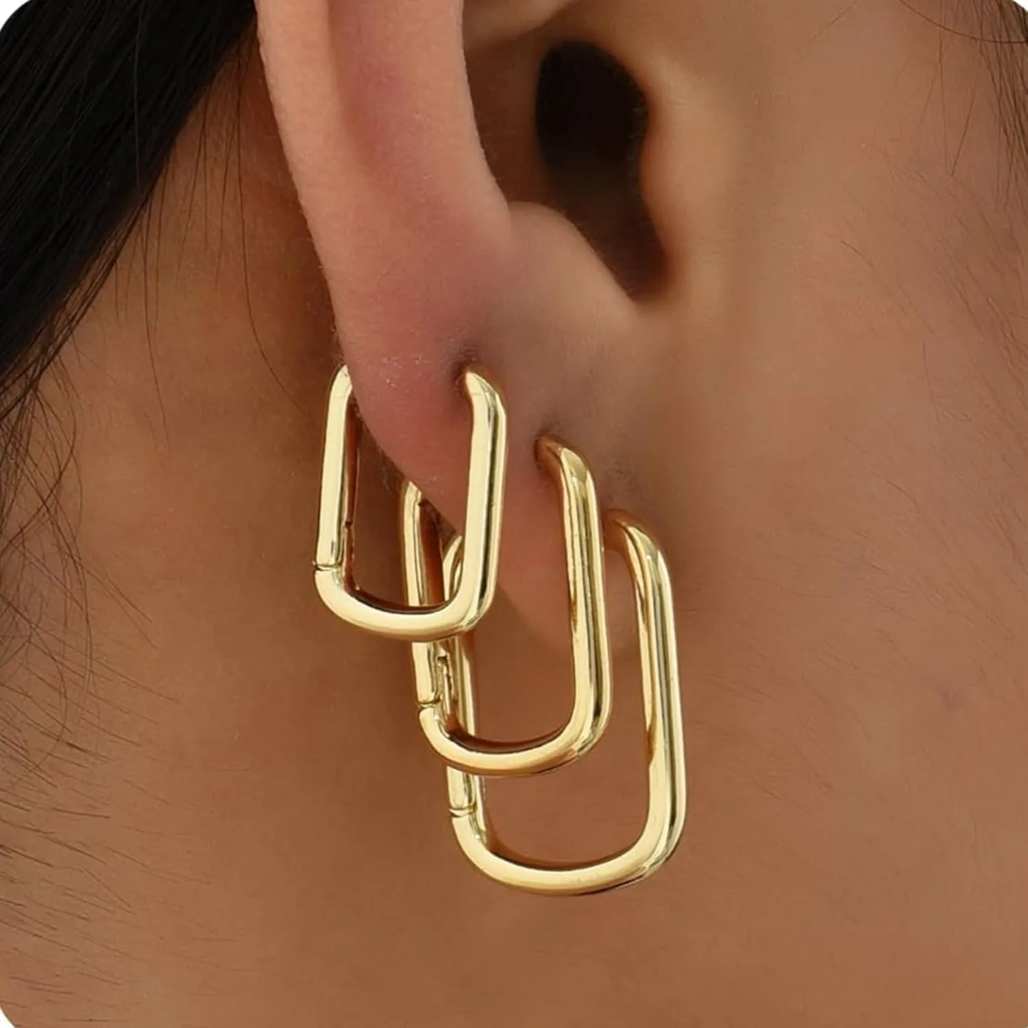 3 Pairs Chunky Gold Hoop Earrings Sets for Women Gold Hypoallergenic Oval Huggie Earrings Lightweight Thick Rectangle Hoop Earrings Trendy Jewelry for Women