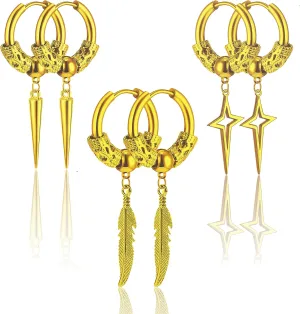 3 Pairs Dangle Hoop Earrings Set for Men, Surgical Steel Hanging Huggie Hoop Earrings with Spike/Feather/Cross Star Charms