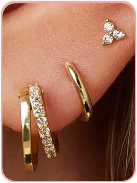 3 Pairs Gold Hoop Earrings for Women Trendy Dainty Gold Huggie Earrings 14k Gold Stud Earring Hypoallergenic Earrings Small Hoop Earrings for Gifts