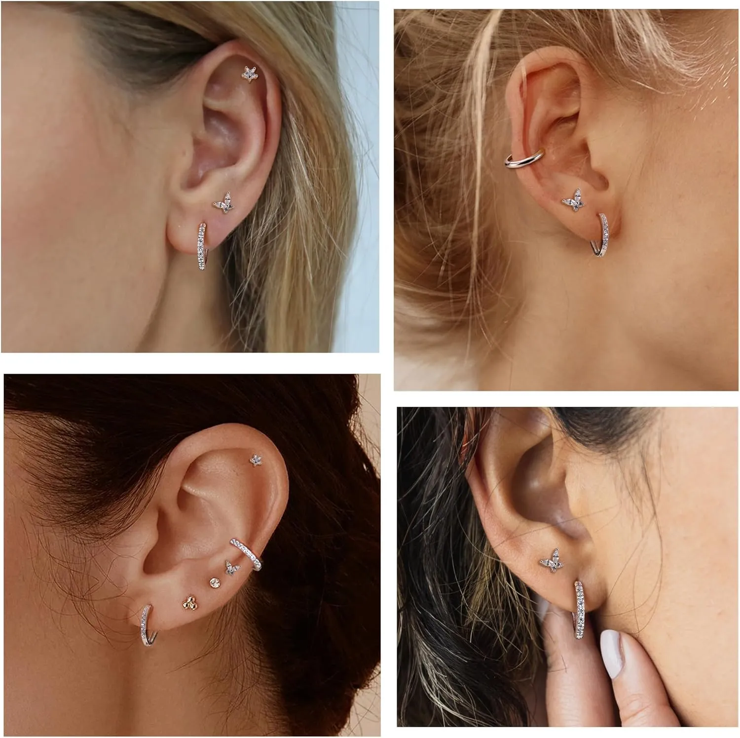 3 Pairs Hoop and Stud Earrings Set Sterling Silver Small CZ Earrings for Multiple Piercing Cartilage Women