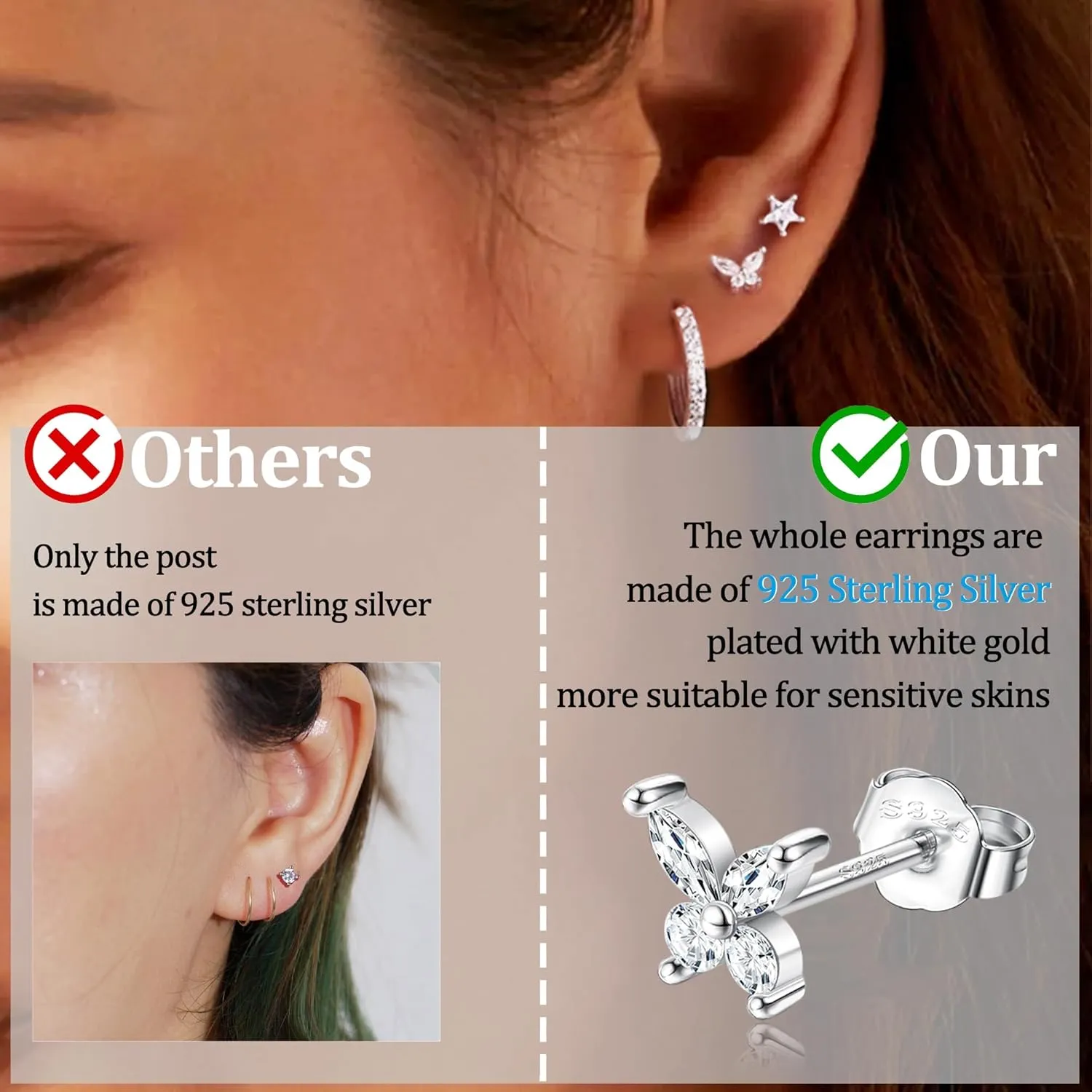 3 Pairs Hoop and Stud Earrings Set Sterling Silver Small CZ Earrings for Multiple Piercing Cartilage Women