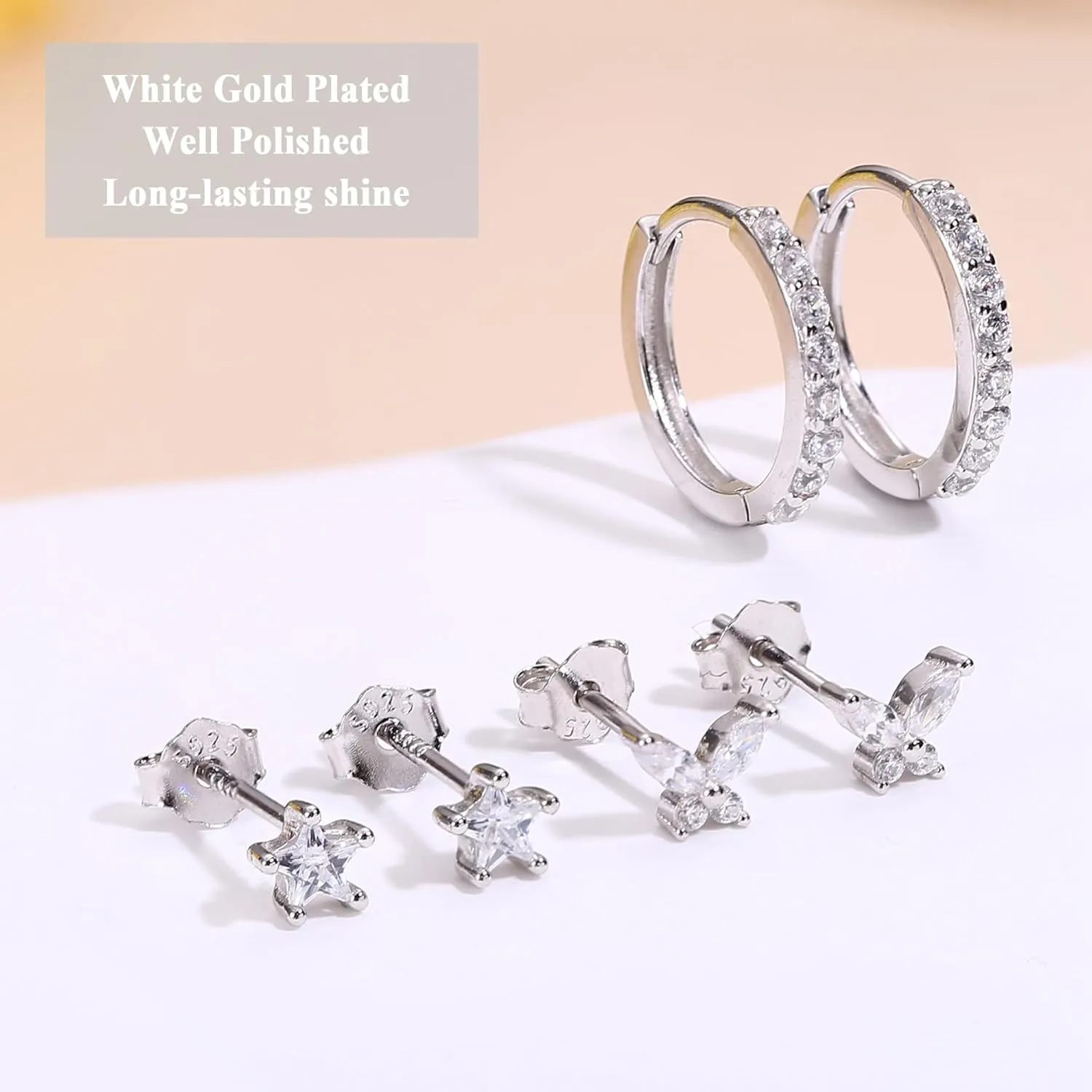 3 Pairs Hoop and Stud Earrings Set Sterling Silver Small CZ Earrings for Multiple Piercing Cartilage Women