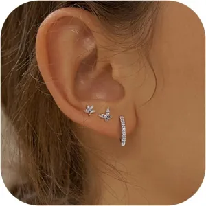 3 Pairs Hoop and Stud Earrings Set Sterling Silver Small CZ Earrings for Multiple Piercing Cartilage Women