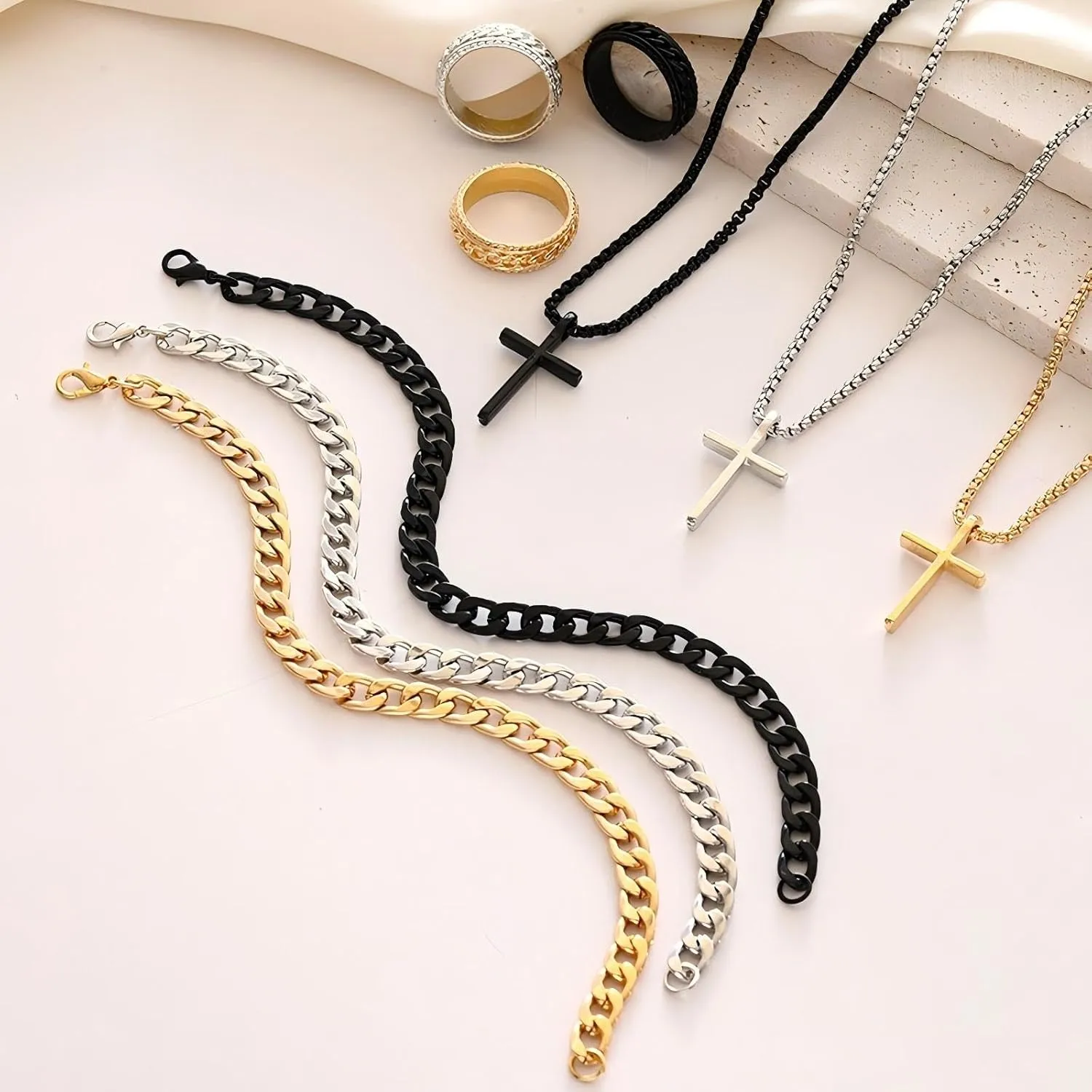 3 Pieces Cross Necklace Bracelet Ring Jewelry Set for Women Exclusive custom jewelry set for yourself Hip Hop Punk Goth Streetwear Accessory