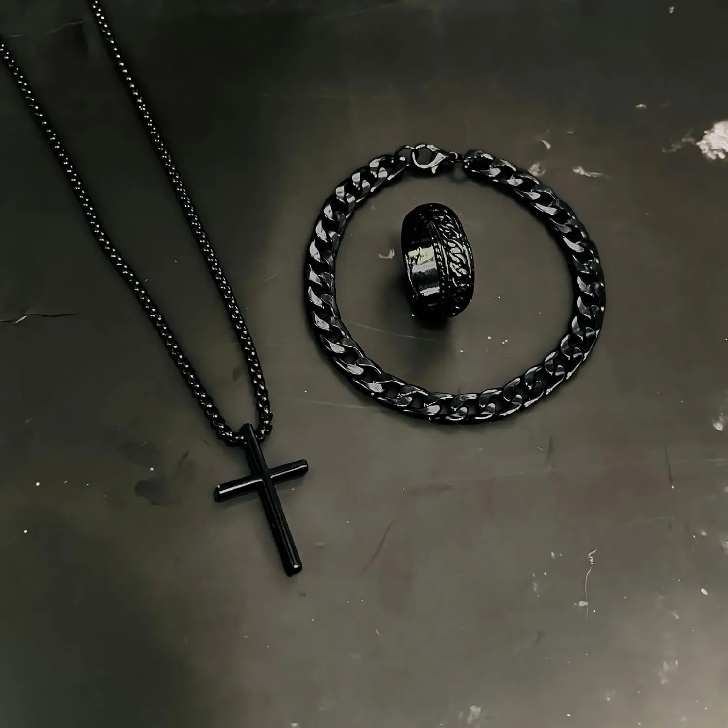 3 Pieces Cross Necklace Bracelet Ring Jewelry Set for Women Exclusive custom jewelry set for yourself Hip Hop Punk Goth Streetwear Accessory