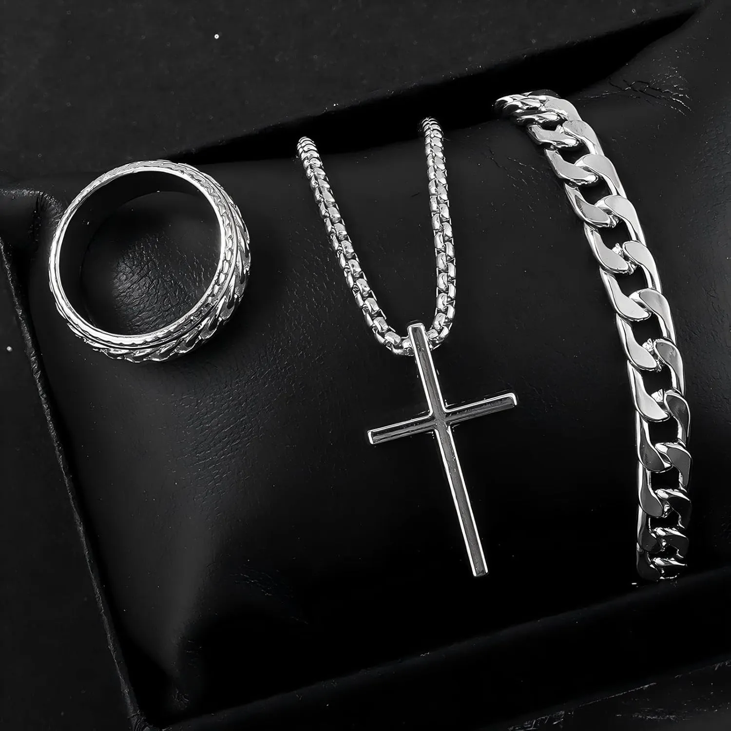 3 Pieces Cross Necklace Bracelet Ring Jewelry Set for Women Exclusive custom jewelry set for yourself Hip Hop Punk Goth Streetwear Accessory