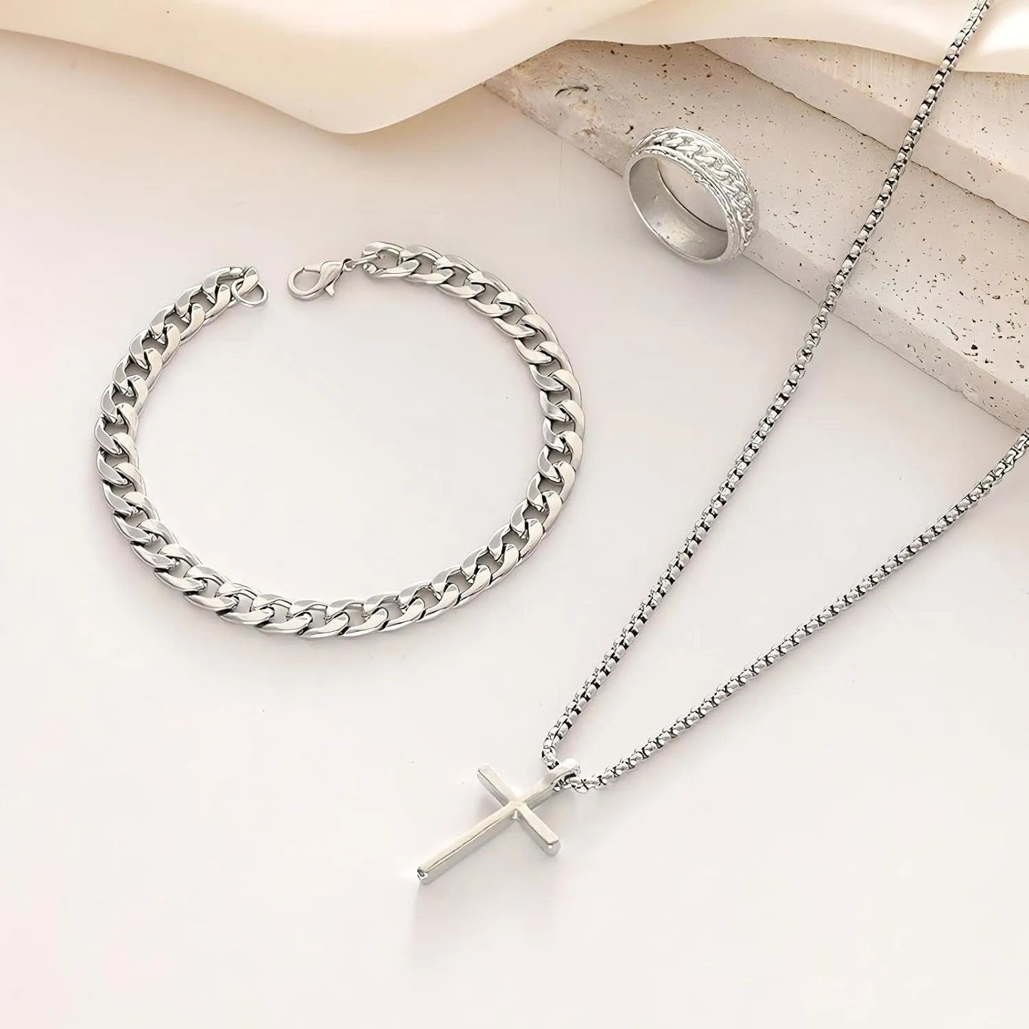 3 Pieces Cross Necklace Bracelet Ring Jewelry Set for Women Exclusive custom jewelry set for yourself Hip Hop Punk Goth Streetwear Accessory