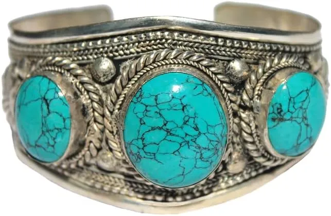 3 Stone Blue Stabilized-Turquoise Adjustable Cuff Bracelet | Ornate Boho Jewelry for Men & Women