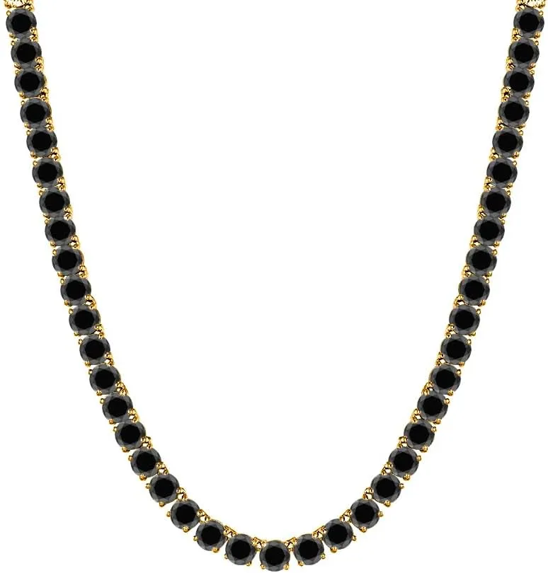 30.48 Ctw - 57.15 Ctw Round Cut Lab Created Black Diamond 14K Gold Plated .925 Silver 4mm Tennis Necklace 16" Inch -30" Inch For Men's & Women's