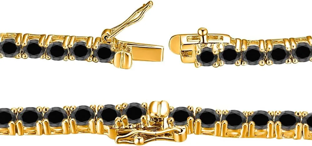 30.48 Ctw - 57.15 Ctw Round Cut Lab Created Black Diamond 14K Gold Plated .925 Silver 4mm Tennis Necklace 16" Inch -30" Inch For Men's & Women's