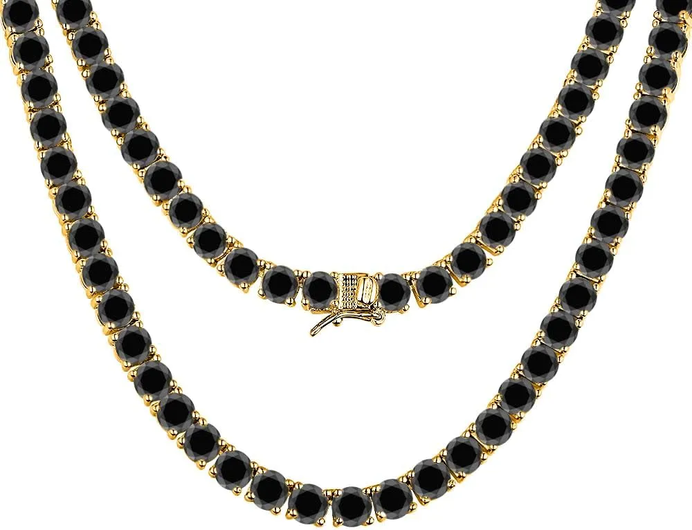 30.48 Ctw - 57.15 Ctw Round Cut Lab Created Black Diamond 14K Gold Plated .925 Silver 4mm Tennis Necklace 16" Inch -30" Inch For Men's & Women's