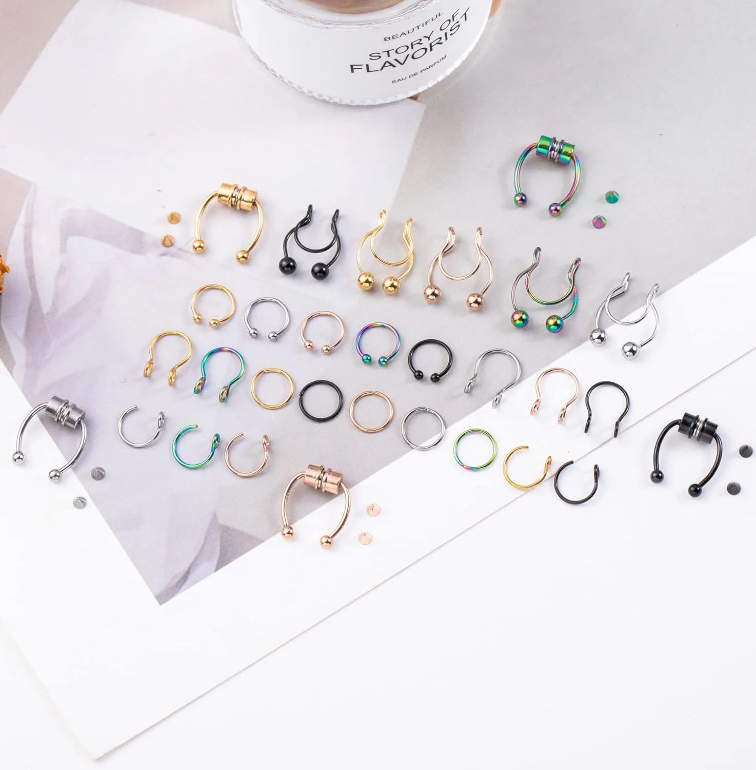 30Pcs Stainless Steel Fake Nose Ring Hoop Faux Septum Ring Lip Ring Cartilage Ring Non Piercing Body Jewelry