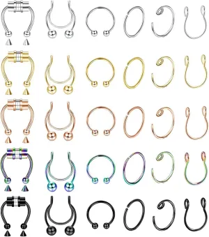 30Pcs Stainless Steel Fake Nose Ring Hoop Faux Septum Ring Lip Ring Cartilage Ring Non Piercing Body Jewelry