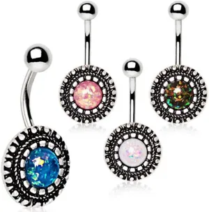 316L Stainless Steel Antique Ornate WildKlass Navel Ring with Synthetic Opal