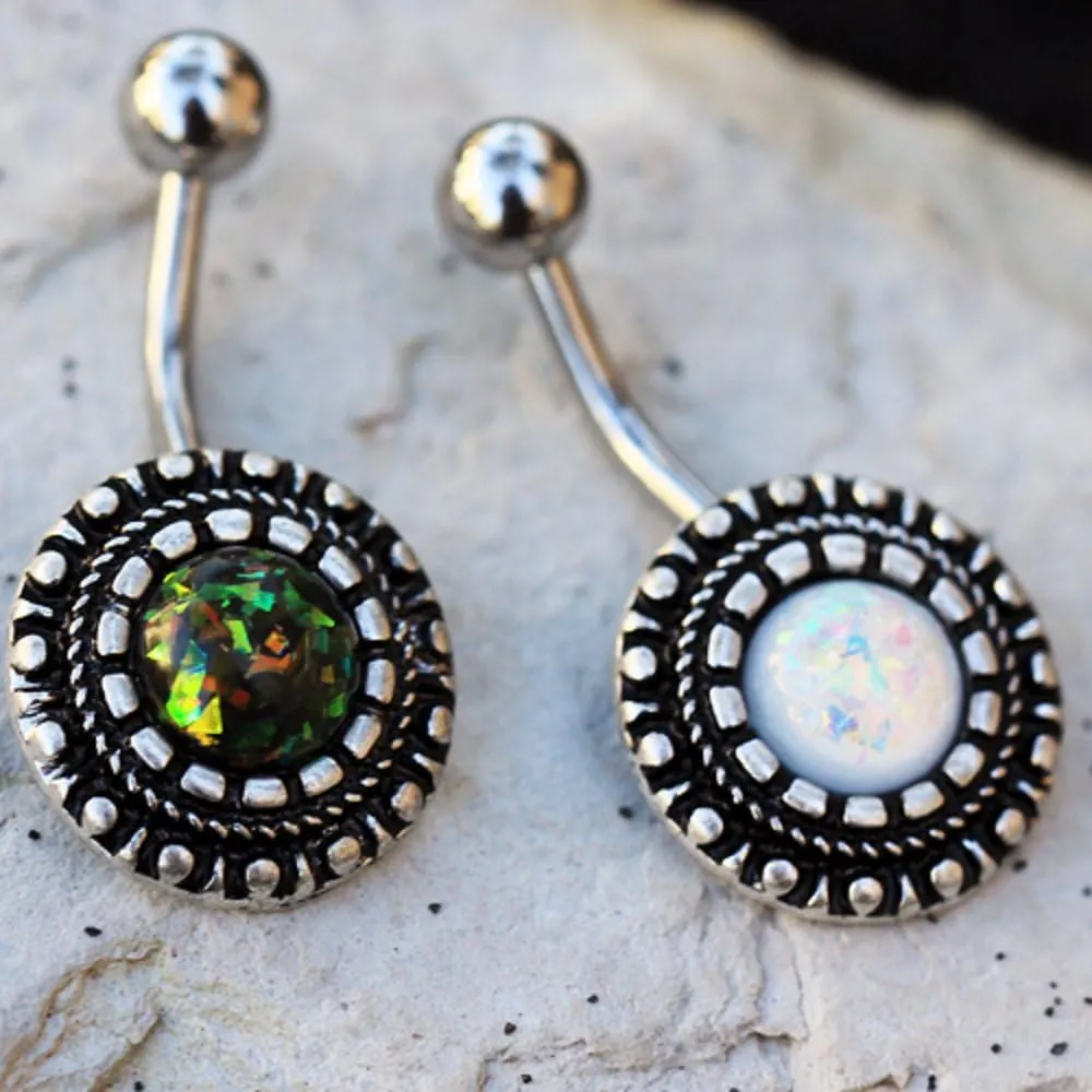 316L Stainless Steel Antique Ornate WildKlass Navel Ring with Synthetic Opal