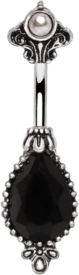 316L Stainless Steel Black Victorian Design Navel Ring 14GA