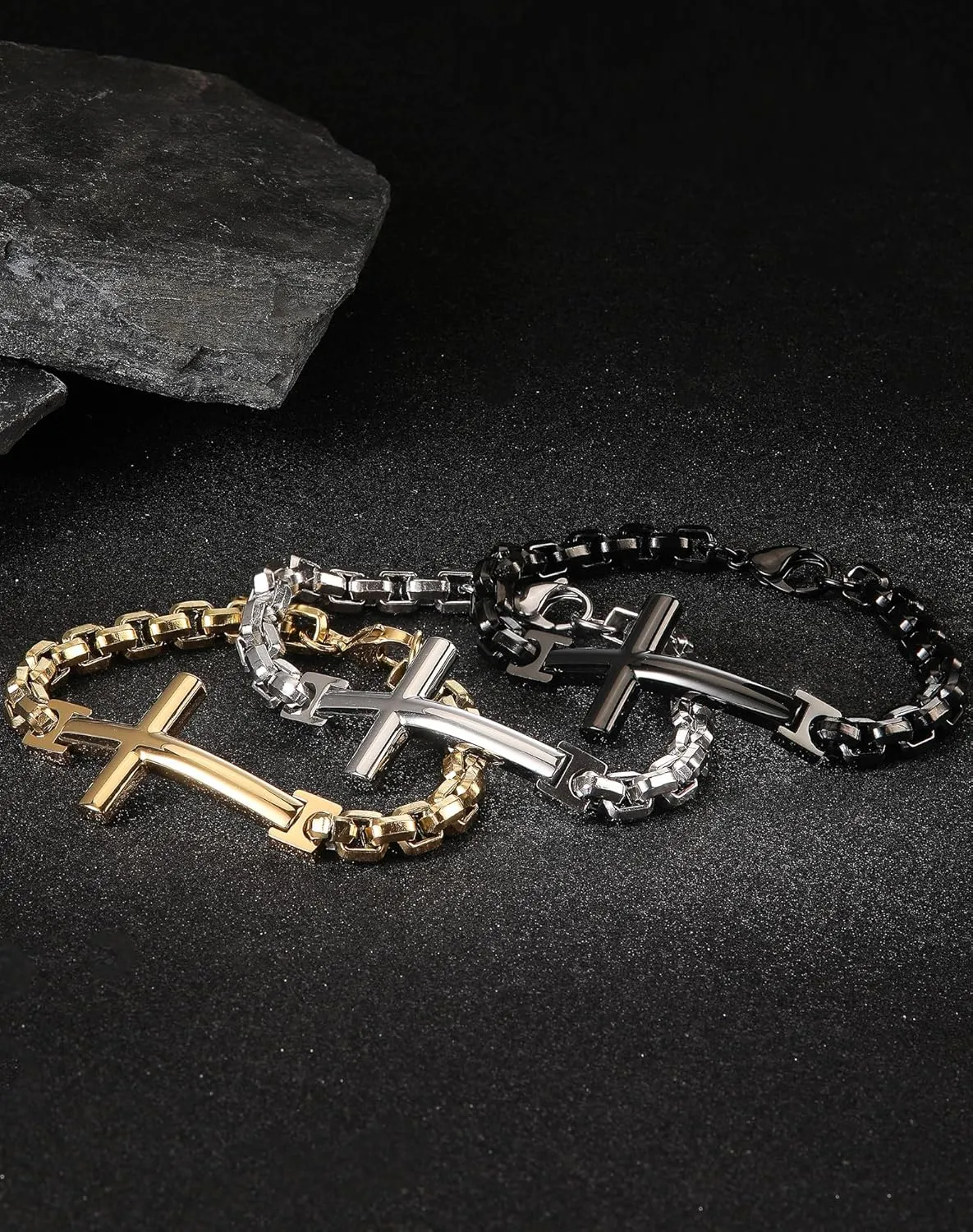 316L Stainless Steel Cross Christian Bracelet - Mens Cuff Rhodium Plated Religious Bracelets for Men Punk Jewelry