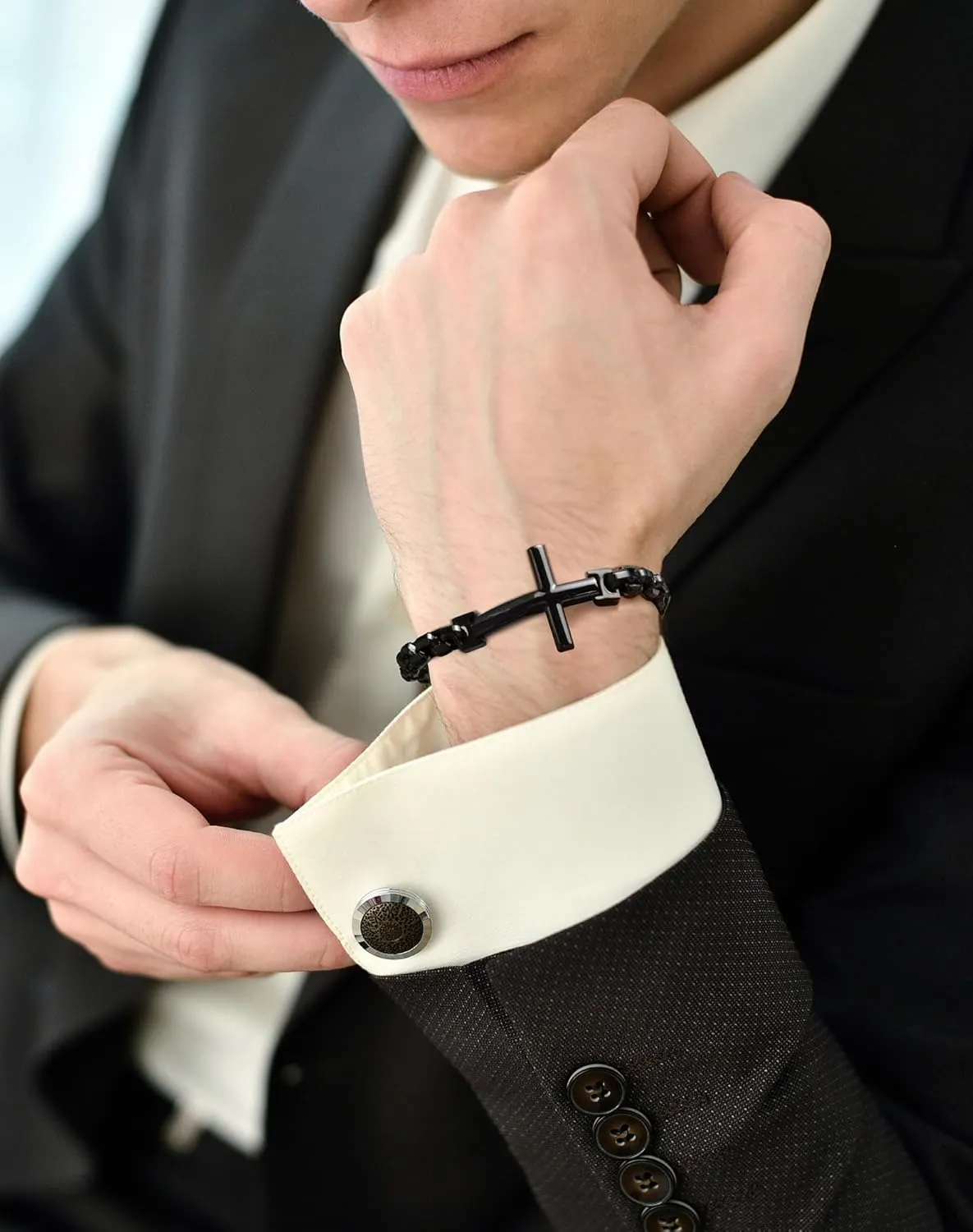 316L Stainless Steel Cross Christian Bracelet - Mens Cuff Rhodium Plated Religious Bracelets for Men Punk Jewelry