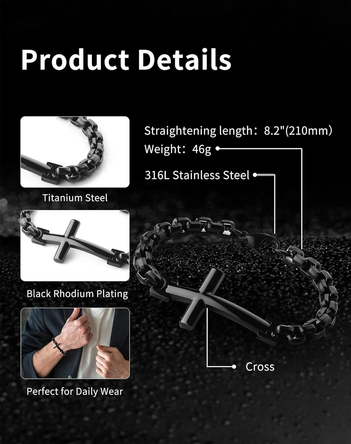 316L Stainless Steel Cross Christian Bracelet - Mens Cuff Rhodium Plated Religious Bracelets for Men Punk Jewelry