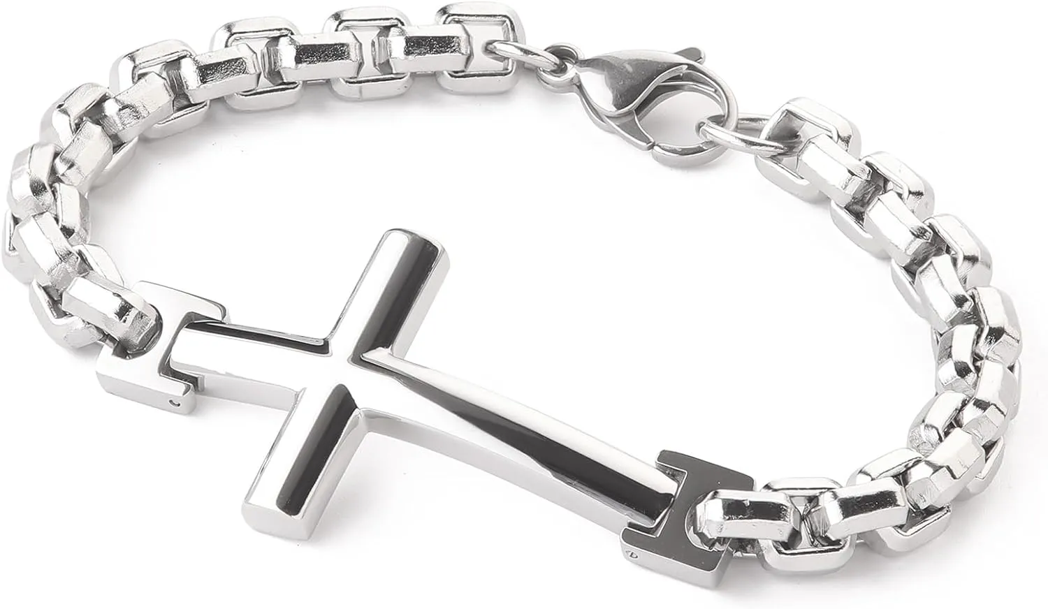 316L Stainless Steel Cross Christian Bracelet - Mens Cuff Rhodium Plated Religious Bracelets for Men Punk Jewelry
