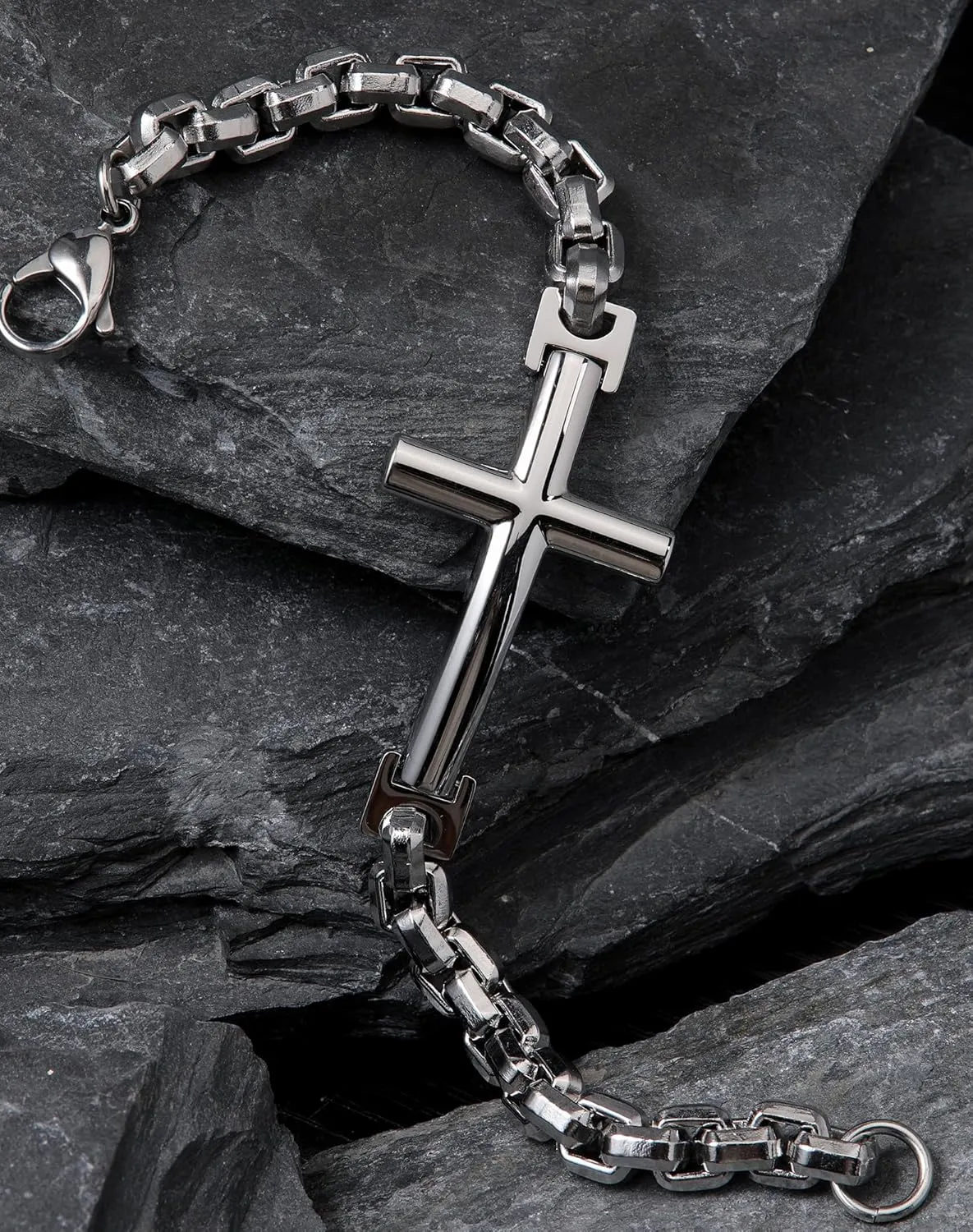 316L Stainless Steel Cross Christian Bracelet - Mens Cuff Rhodium Plated Religious Bracelets for Men Punk Jewelry